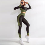 Seamless Cotton Workout Set Women 2 Piece Long Sleeve Zipper Crop Top Shirt Legging Pants Sport Fitness Set Clothes Yoga Gym Set