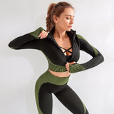 Seamless Cotton Workout Set Women 2 Piece Long Sleeve Zipper Crop Top Shirt Legging Pants Sport Fitness Set Clothes Yoga Gym Set